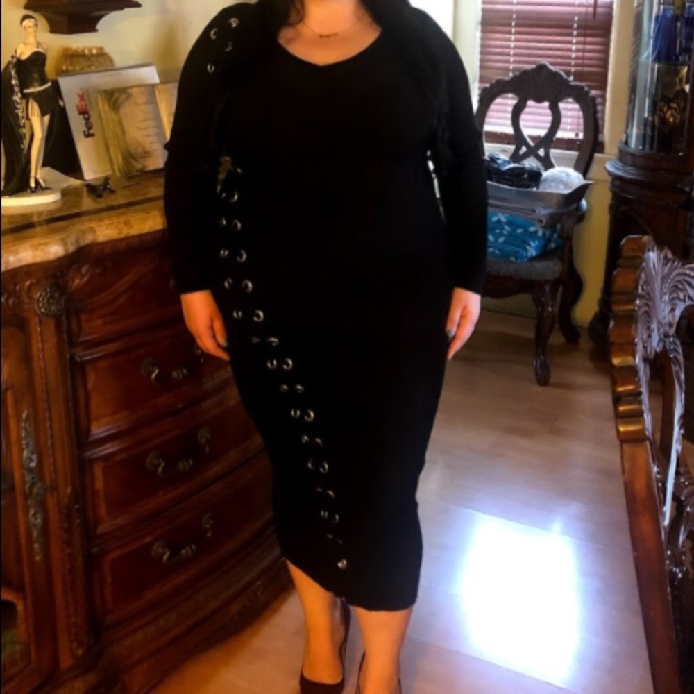 Black sweater dress with laces